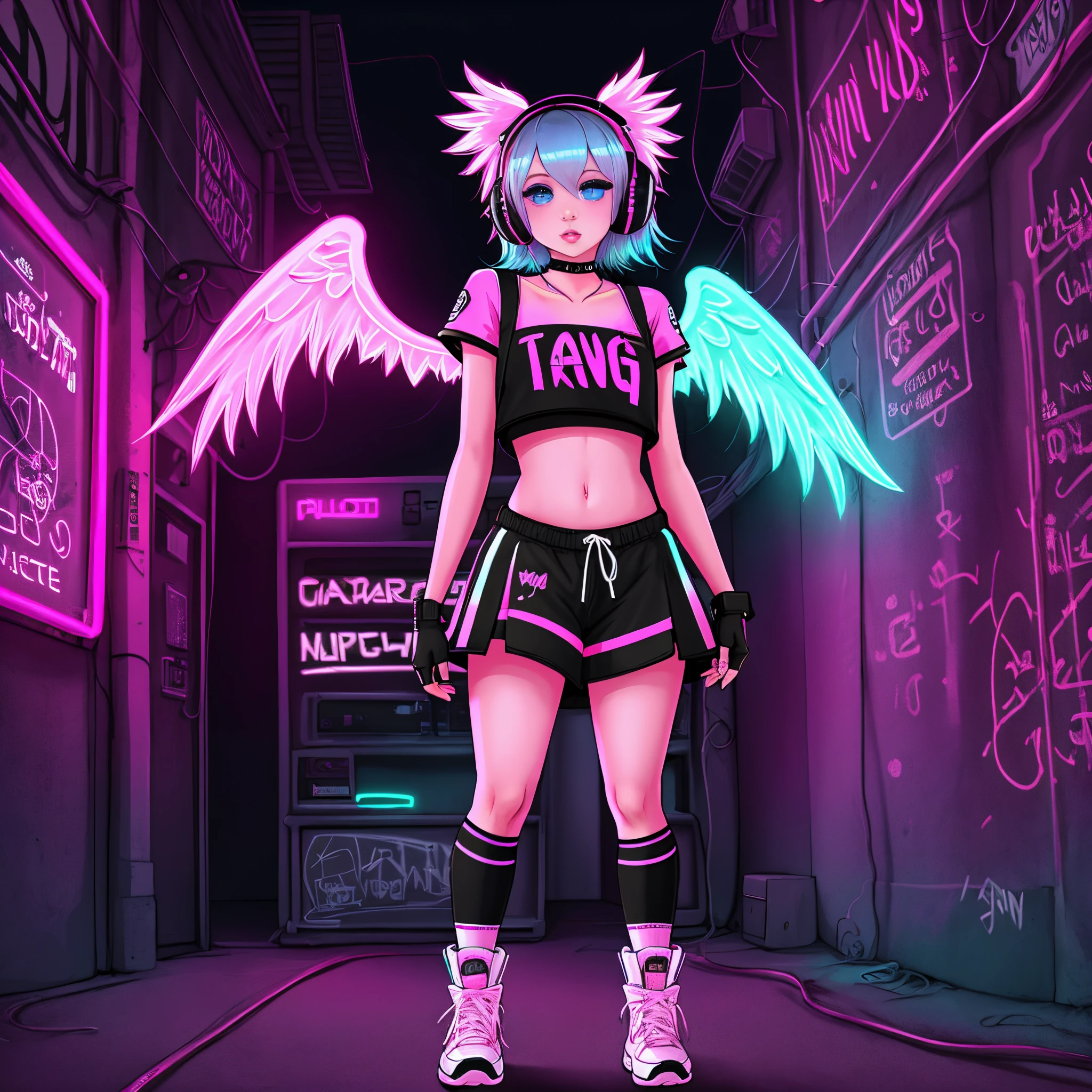 pink gamer digital art baby girl standing in cute pose. black background with neon graffiti. wearing croptop with V name and short skirtt with neon pink and black color. wearing headphone with angel wing. blue eyes and pink hair.
