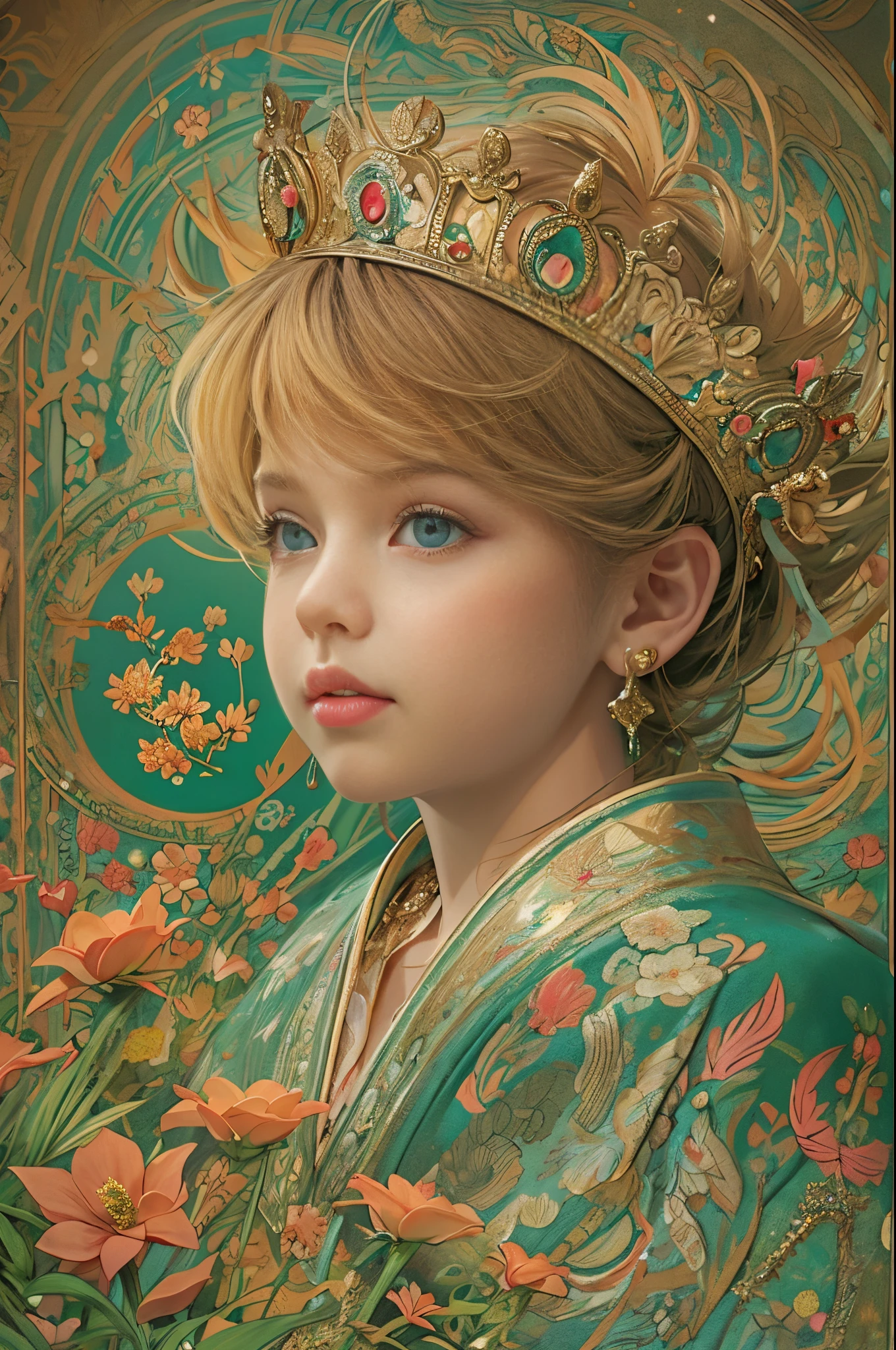 paint a decorative painting,little prince wearing crown,3 boy,Childish face,Bright and harmonious colors,(Decorative painting:1.6),dressed in:Exquisite and noble robe,Elaborate Eyes,delicated face,Large breasts, Large breasts,elaborate earrings,simple backgound,Lots of flowers around,flowers blooming,A sea of flowers,(tangled,datura,Tangles,entangled), (s fractal art: 1.3),simple backgound,Upper part of the body,