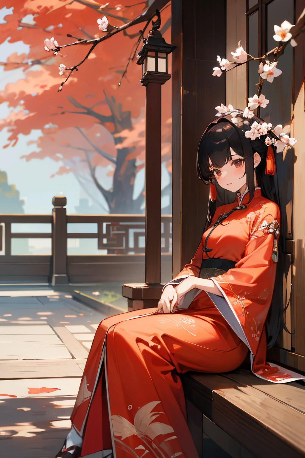Woman sitting on bench in Chinese garden, red color Hanfu, palace ， A girl in Hanfu, Hanfu, TRADITIONAL CHINESE COSTUMES, Wearing ancient Chinese clothes, Matches ancient Chinese costumes, wearing red cheongsam, Chinese traditional, chineseidol, In line with ancient Chinese aesthetics, Chinese woman, Cheongsam embroidered with wolfberry flowers, inspired by Gu An --auto --s2