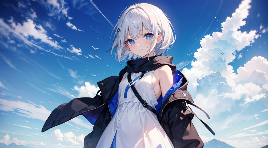mid-shot, Look at viewers, hands behind back, girl with, 20 years old, Very short hair, long bangs between eyes, hair over shoulder, Grey Hair, Floating hair, ^ ^, pale blue eyes, Short dress, Hoodie, Skirt, Bare shoulder, White clothes, Blue sky, Nature, Sunlight, Extremely detailed,(masterpiece、top-quality)、独奏、1womanl、White hair、the tips of the hair are blue、Blue eyes、A smile、White skin as clear as snow、Fantastical,Small breasts, Silver hair, Blue eyes, Beautiful eyes, Girl, Ecstasy, charmed, be smitten with audience, Hoodie, Hoodie with open front, fantastic landscape, Shoulder out,White muffler