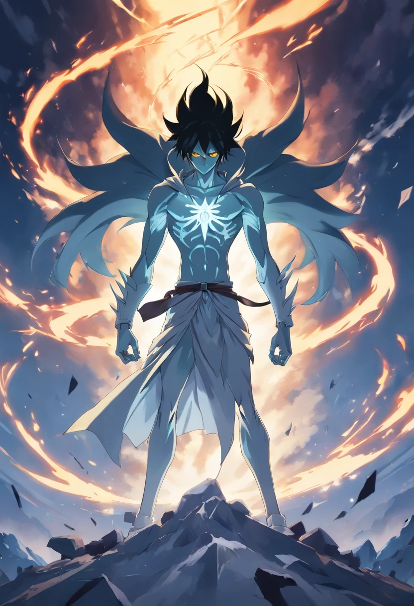 Create an emotional poster starring Ulquiorra Cifer "bleached" in rage. The highly detailed half-skull captures the essence of his fiery determination and unyielding spirit as he unleashes his wrath on his enemies. Keep it short, Boldly and intensely conveys the raw power of Ulquiorra Silver&#39;s rage. actual, dramatic shadow, film noir style, 4K