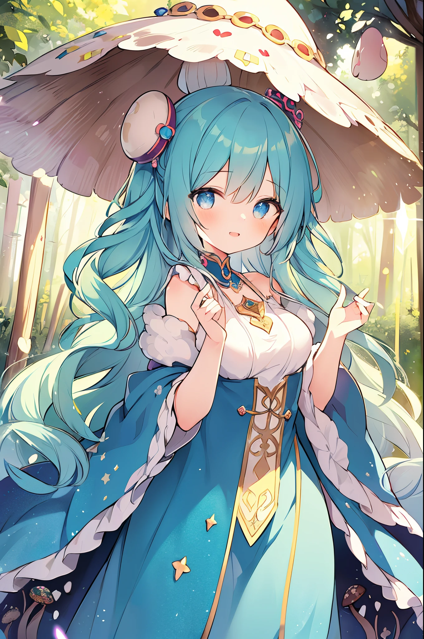(a girl with) mushroom on head, detailed hair, curly hair, colorful mushrooms on head, cheerful expression, vibrant colors, fantasy style, ethereal lighting, best quality, ultra-detailed, dreamy atmosphere, magical forest background, whimsical, surreal scene. stars in eyes