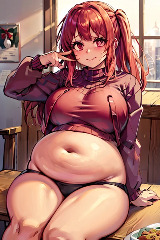 fat, large belly, sitting, fat belly, very fat, large stomach, chubby, Ruby Hoshino, very fat, safe for work, obese, giant belly, fat, huge, heavy, fat, large belly, fat belly, very fat, large stomach, chubby, Ruby Hoshino, very fat, safe for work, obese, giant belly, fat, huge, heavy, very fat, safe for work, fat, large belly, standing, grabbing belly, very fat, large stomach, chubby (best quality, masterpiece), Christmas, wearing sweater, eating, sitting down, table full of food, cookies, eating cookies, very fat, Christmas season, Christmas time, holidays, Christmas sweater