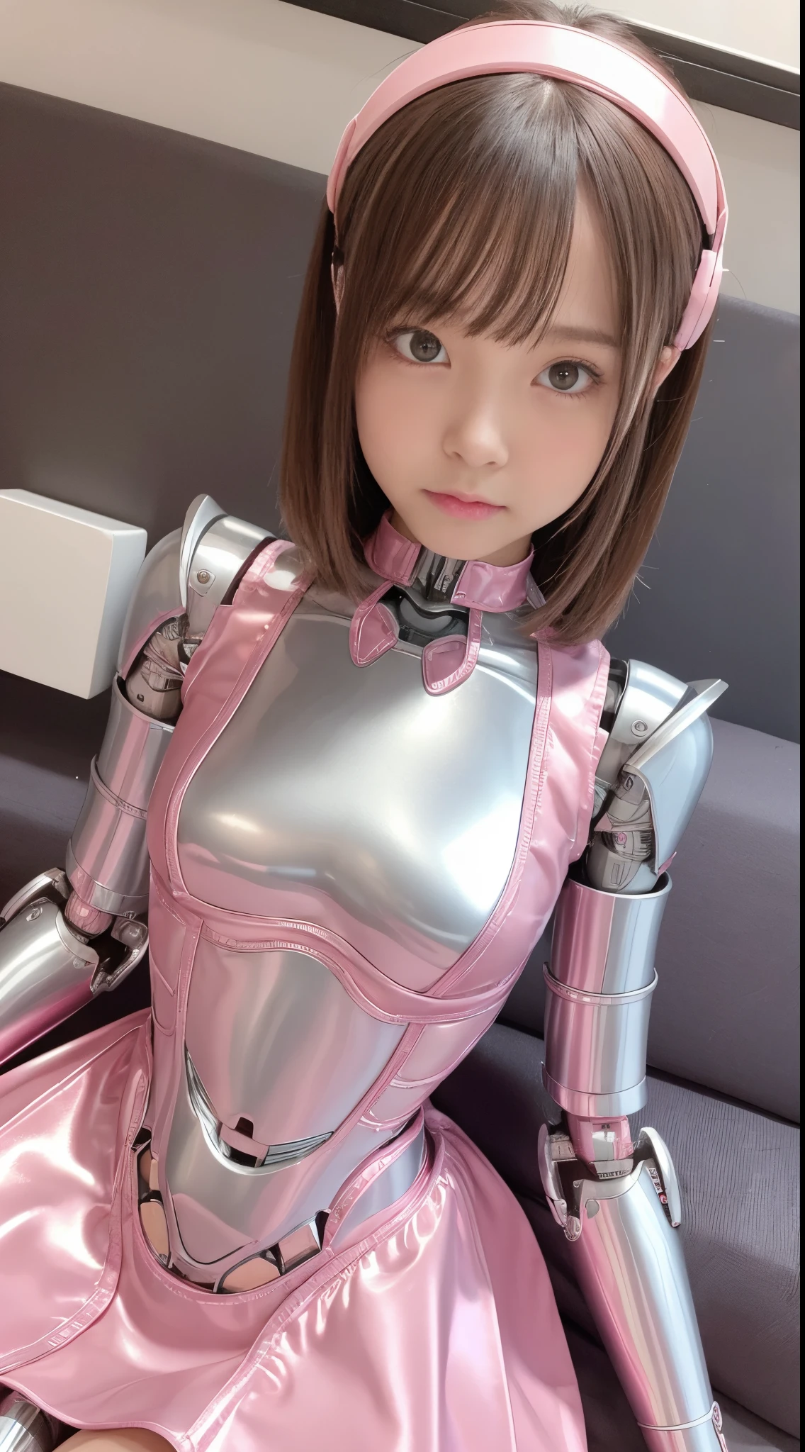 Robot Girl, pink there, Silver, Metallic body, Robot Parts, Metal Parts, Super Detailed Face, Super well-formed face, of the highest quality, a small face, a small head, Brown hair, Slender body, Camera gaze, Internal Mechanical Exposure, Idol, front facing, Well-proportioned body, sale, exhibition, Event Hall, Moe Pose, no sleeve pink metallic Lolita style Dress Machine Armor, lying on her back in a bed with her legs open, Model body type, sad, Embarrassing,(Perfect Robot Girl),(Perfect machine body)