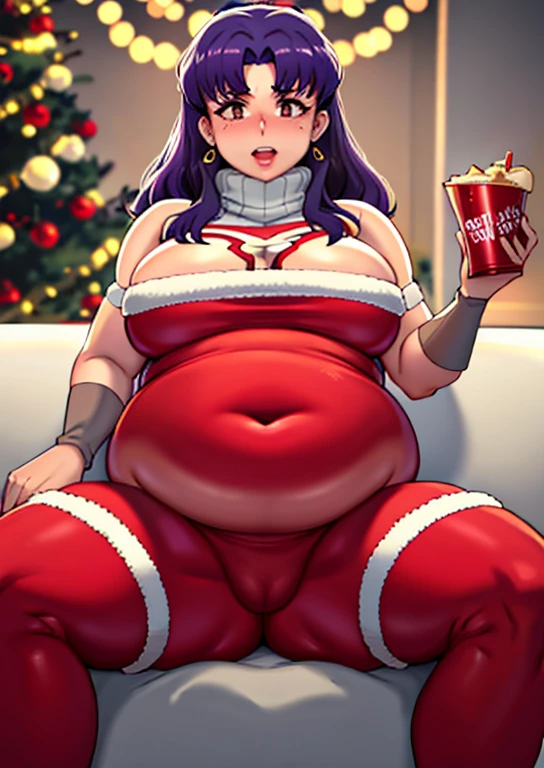 ery fat, large belly, big fat belly, fat belly, fat belly, huge, fat thighs, big stomach, overweight, thicc, chubby, chubby belly, shocked, fat, huge belly, obese, Misato Katsuragi, Mitsato  fat, Christmas, sweater, holiday, Christmas decorations, cookies, sitting, cookies, holidays, Christmas, seated, fat, grabbing belly, holding belly, touching belly