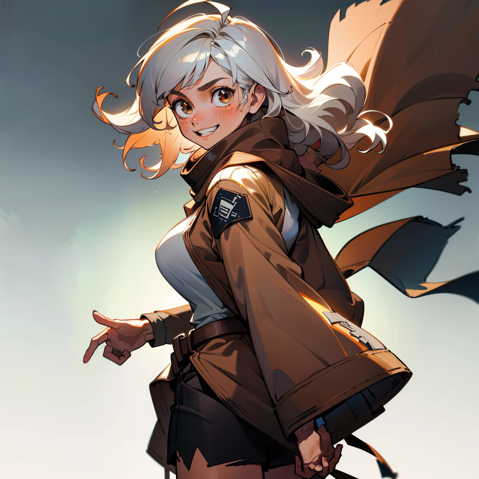 curly hair, 8k, super detail, textured skin, high details, brown hair, brown skin, Hispanic, cuteshort, cute, tan skin, huge breasts. 1girl, {solo}, upper body ,{{ {looking at viewer}}}, arm at side, concept art, white background, simple background, white hair, silver gradiient hair , complex cloth, asymmetrical clothes, best quality, masterpiece, dynamic angle, cowboy_shot, looking_back, grabbing, girl,woman,female, young,20 years old, medium length hair, flipped hair, silver hair, flowing hair, ahoge, smirk, beautiful and delicate brown eyes, teeth, brown eyes, brown skin, Hispanic, coat, scarf, flowing scarf, large scarf, white shirt, black_shorts, grey Clothes, transparent_background, backlighting, absurdres, highres, ultra detailed,