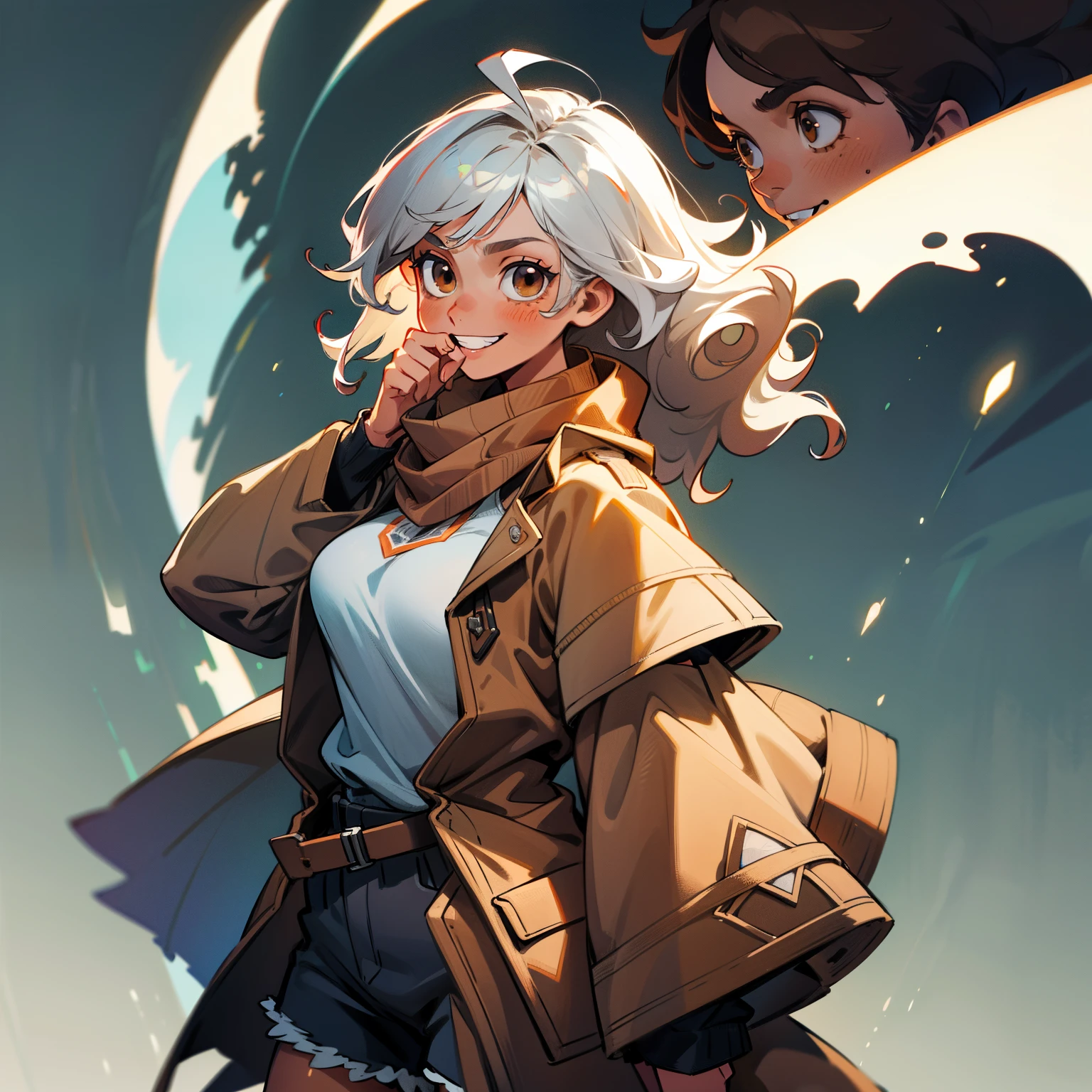 curly hair, 8k, super detail, textured skin, high details, brown hair, brown skin, Hispanic, cuteshort, cute, tan skin, huge breasts. 1girl, {solo}, upper body ,{{ {looking at viewer}}}, arm at side, concept art, white background, simple background, white hair, silver gradiient hair , complex cloth, asymmetrical clothes, best quality, masterpiece, dynamic angle, cowboy_shot, looking_back, grabbing, girl,woman,female, young,20 years old, medium length hair, flipped hair, silver hair, flowing hair, ahoge, smirk, beautiful and delicate brown eyes, teeth, brown eyes, brown skin, Hispanic, coat, scarf, flowing scarf, large scarf, white shirt, black_shorts, grey Clothes, transparent_background, backlighting, absurdres, highres, ultra detailed,