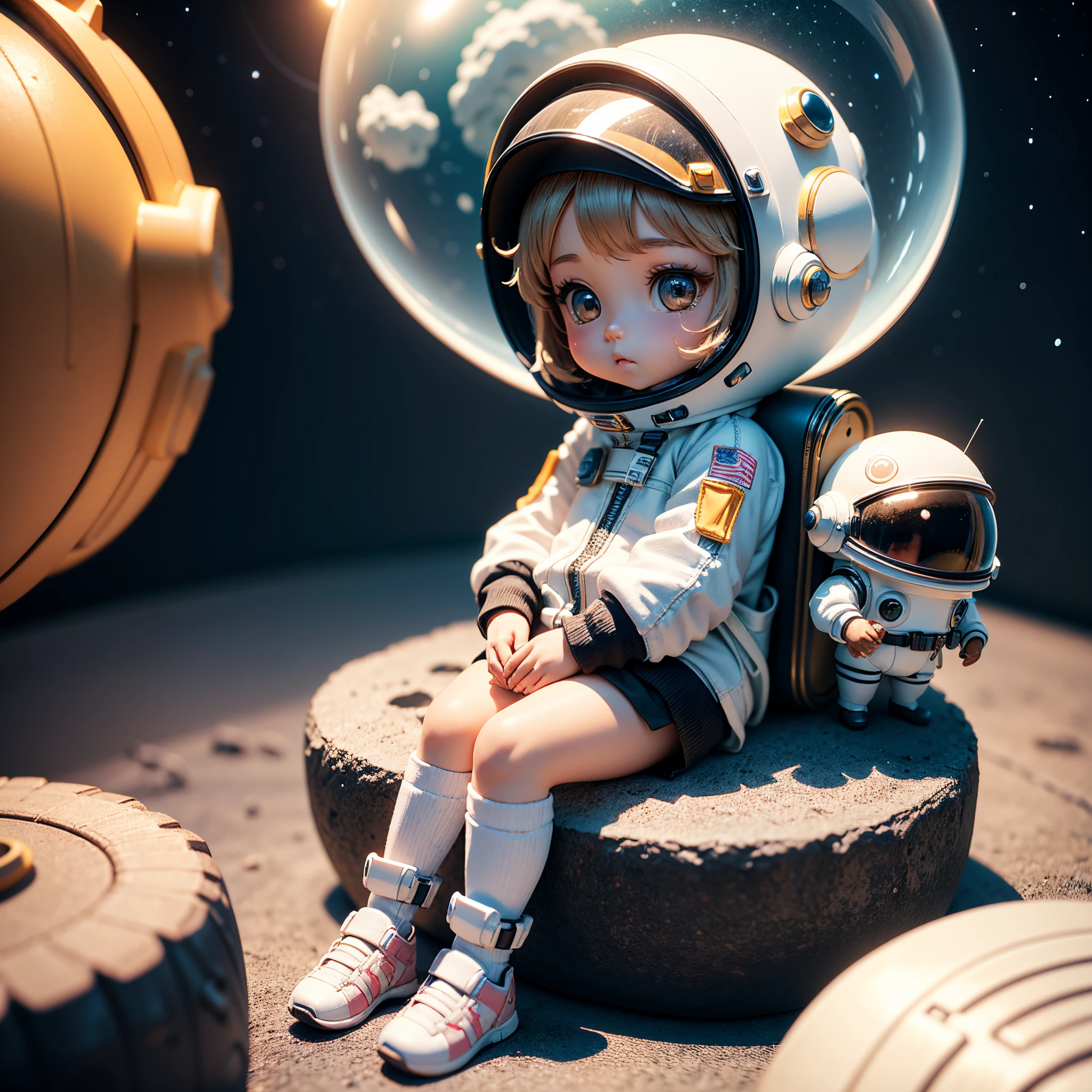 Toy with a little doll with a helmet, cute 3d render, cute detailed digital art, female explorer mini cute girl, cute digital painting, stylized 3d render, cute digital art, cute render 3d anime girl , the little astronaut looks up, cute! c4d, portrait anime space cadet girl, sitting on a white pedestal