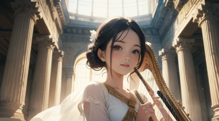 (top-quality、hight resolution、​masterpiece)、((Watercolor in Sargent style))、(David Hamilton Style)、(softfocus)、ancient greek scene 、The world of Bilitis songs、(greek female bard)、20yr old、美丽的面容、Well-formed eyes and nose、Bewitching smile、Detailed depiction of the face、Classic hairstyles、dramatic pose、Beautiful figure、detail portrayal、(ancient greek clothes)、(White tunic)、greek toga、(play the harp and sing)、Accurate depiction of the Greek lyre、Cinematic scenes、ciinematic light、softlight、raytrace、luminous sky、greek architecture columns、greek pine、(nostalgia)、classic vibes、Blur the background、