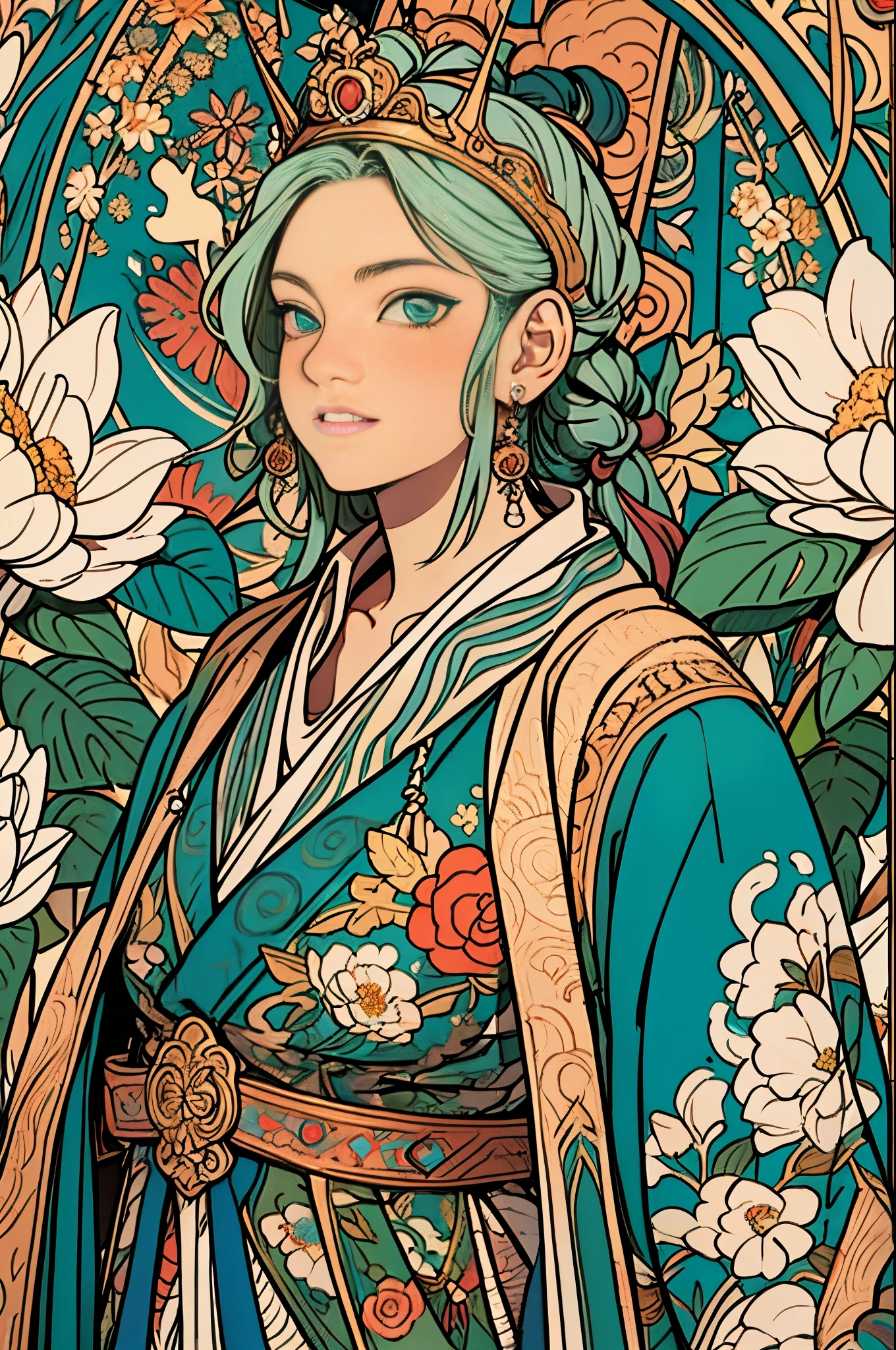 paint a decorative painting,little prince wearing crown,3 year old boy,Childish face,Bright and harmonious colors,(Decorative painting:1.6),dressed in:Exquisite and noble robe,Elaborate Eyes,delicated face,Large breasts, Large breasts,elaborate earrings,simple backgound,Lots of flowers around,flowers blooming,A sea of flowers,(tangled,datura,Tangles,entangled), (s fractal art: 1.3),simple backgound,Upper part of the body,