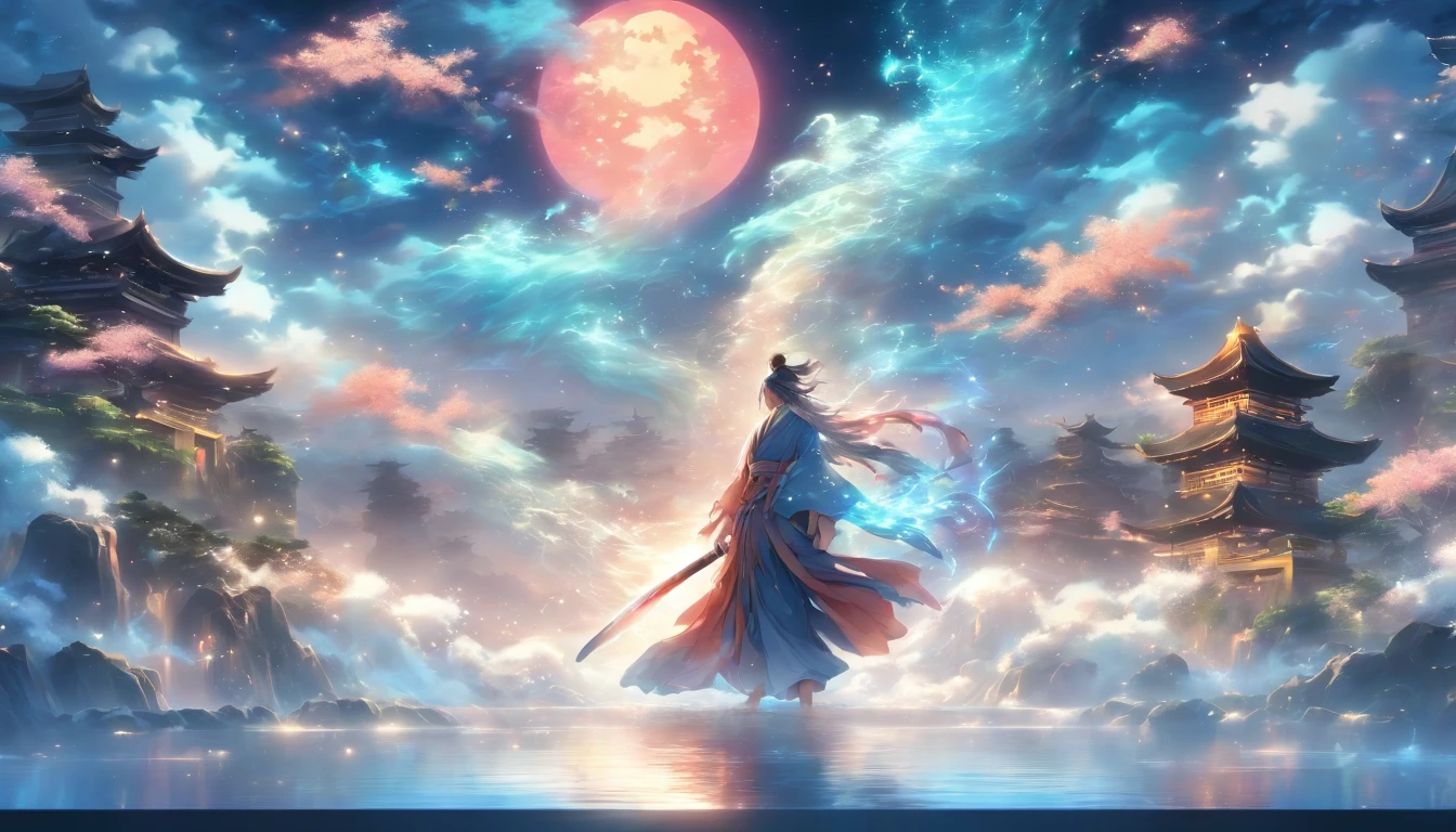 (Best quality at best,4K,8K,A high resolution,tmasterpiece:1.2),ultra - detailed,(actual,realisticlying,Photorealistic:1.37),youth,ancient wind,sword fighting,Sword moves,loong pattern,wave,Traditional Chinese elements,flowing robe,with a calm expression,dynamicposes,serene gardens,Moon Night,Colorful landscape,light and shadows,Ethereal atmosphere,endless horizon,vivd colour,exquisitedetails,Focus sharp,Fascinating artwork,Seamless blending,spiritual essence,Harmonious composition,masterful technique,Sword flashes,mystical aura,Ancient wisdom,fluid movement,Tranquil meditation,Serenity in the midst of chaos,divine power,Perfect balance,amazing mastery,Poetic elegance,aesthetic perfection,inspiring elegance,The beauty of Zen,A sense of tranquility.