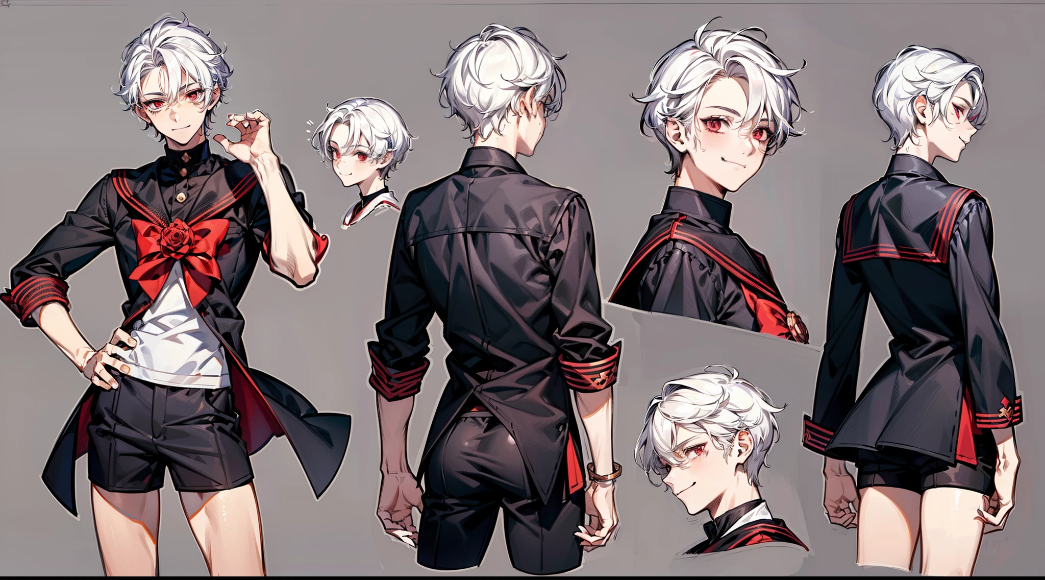 ((masterpiece)),(((best quality))),(character design sheet,same character,front,side,back), Reference sheet of a cute boy, short white hair, red eyes, smiling, black sailor outfit with short shorts, red rose as accessory, detailed face, detailed hair, (simple background, white background: 1.3)