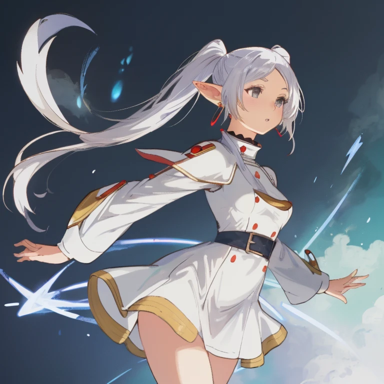 Frieren, twintails, earrings, thighs, small tits, mage dress, white mage dress, mage pose