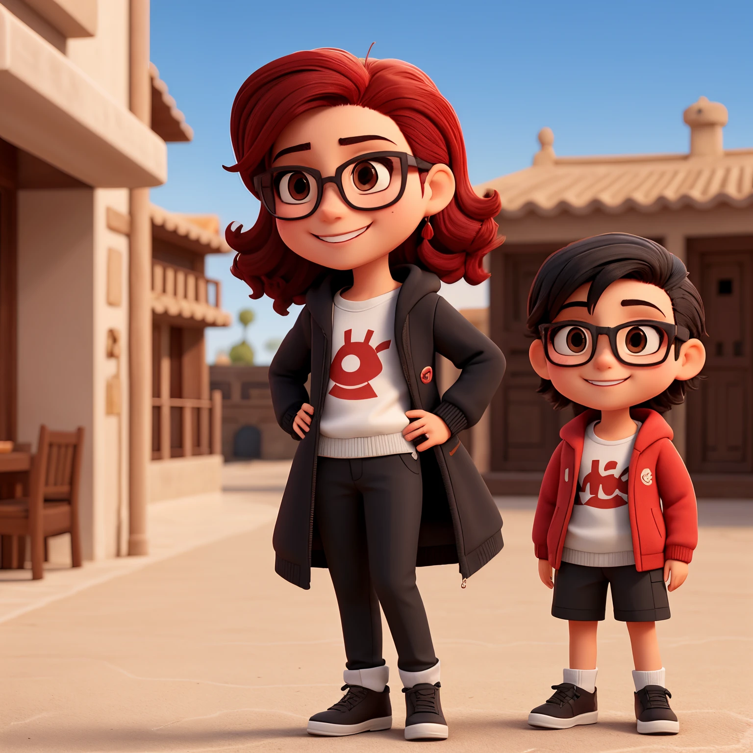 [Chico alto y delgado con abrigo  y gafas.] [Chica pelirroja sin gafas] [tienen una gran sonrisa]