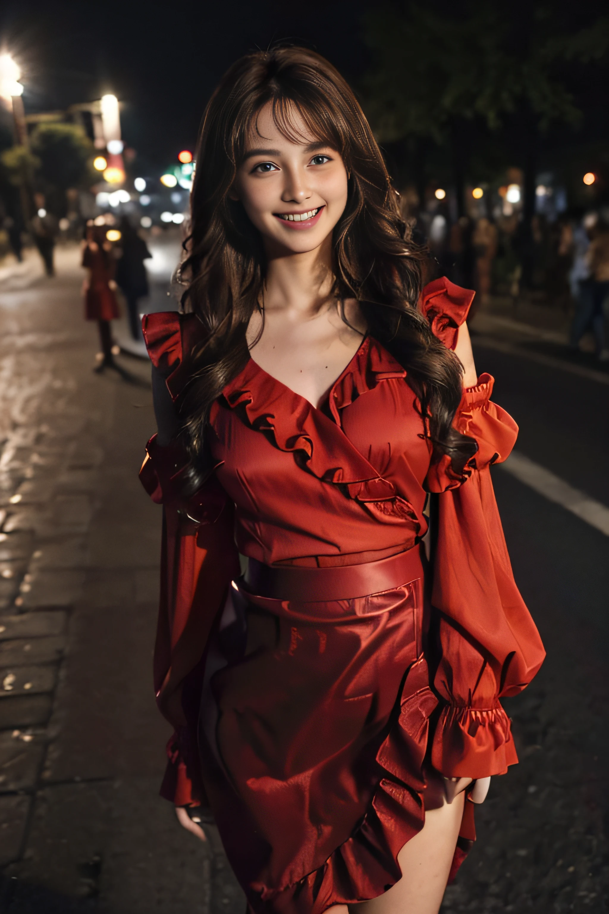 ((beautiful a girl:1.3))((loose red ruffle blouse_red wrap skirt:1.4))((In the street_In the crowd:1.2)),((Thin_fabric:1.4))((standing there doing nothing:1.3))((with a flushed face:1.4))((breasts of medium size,:1.2))((close-up:1.2)) Best Quality,masutepiece,超A high resolution,(Photorealistic:1.4),Raw photo,(Authentic skin texture:1.3),(Film grain:1.3),the panorama,Character Portrait,Very Wide Shot,Narrow waist,Cowboy Shot,(In the Dark, deepshadow, lowkey, cold light,) Night,Streaming Tears,,Dust,Tindall Effect,(expression),1girl in,beautiful detailed eyes and face,White Jabot,Brown eyes,((Brown-colored super long hair:1.2)),((Loosely curled hair:1.2)) ((Full body:1.3))((Smile:1.3))