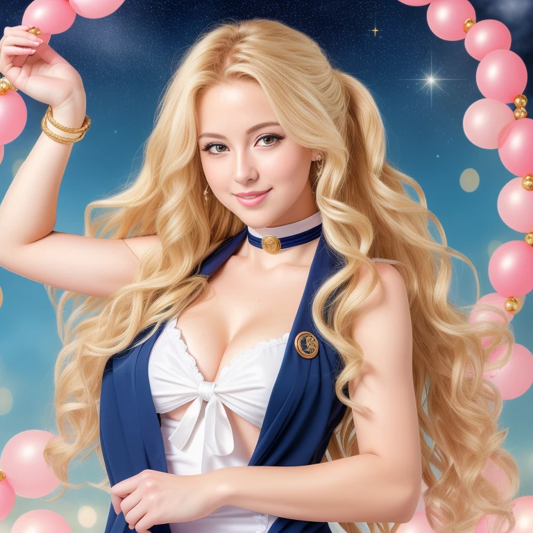 (best quality, extremely detailed, Raw photography,,4k,8k,high res,masterpiece:1.2),ultra-detailed, photorealistic, full body shot,soaked,golden blonde, long wavy hair in classic Odango style,Mature and beautiful, realistic portrayal:1.2 Sailor Moon posing as if she’s in a professional music video, smiling.