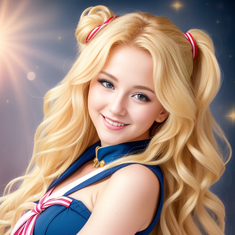 (best quality, extremely detailed, Raw photography,,4k,8k,high res,masterpiece:1.2),ultra-detailed, photorealistic, full body shot,soaked,golden blonde, long wavy hair in classic Odango style,Mature and beautiful, realistic portrayal:1.2 Sailor Moon posing as if she’s in a professional music video, smiling.