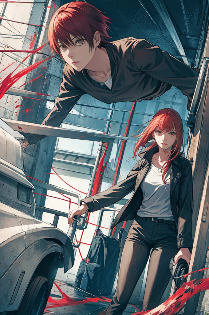 Remove. red hair, short hair, black clothes, makima from chainsaw man