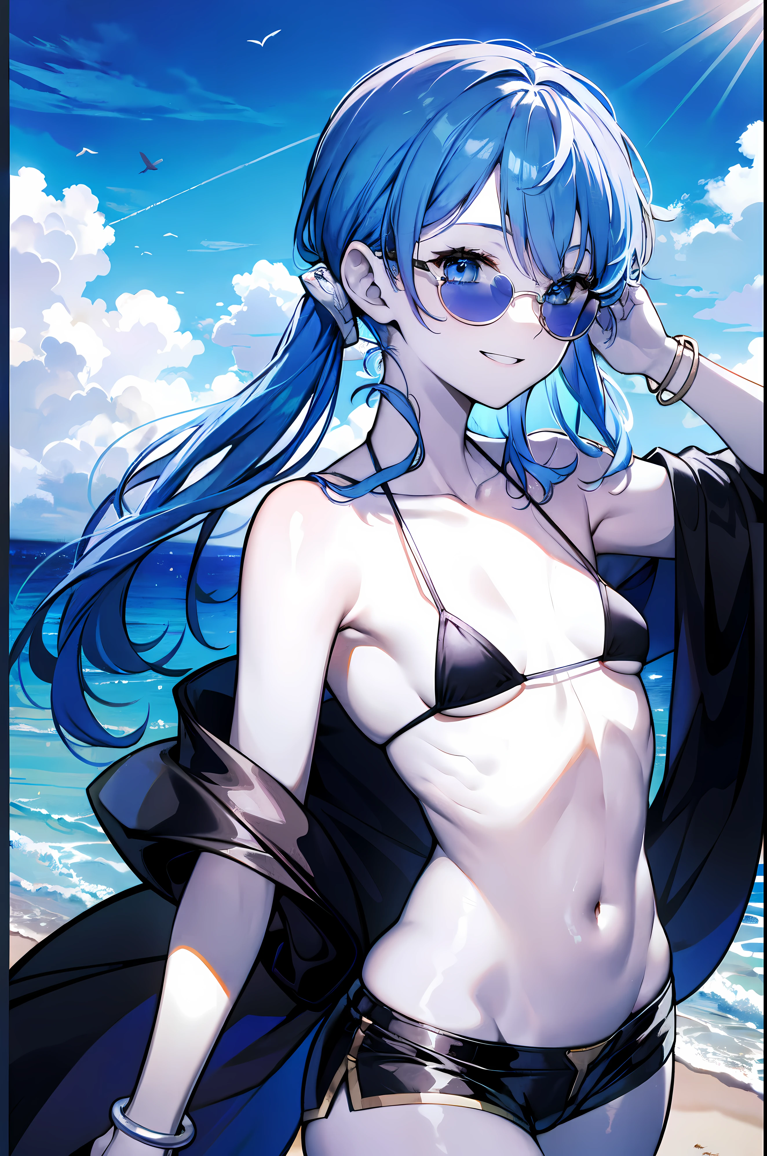 (masterpiece:1.2), (pale skin:1.2), (solo:1.2), (female:1.1), (emphasis lines:1.3), blue hair, long hair, small breasts, smiling, blue sky, (collarbone:1.4), (micro bikini:1.3), shorts, (bare shoulders), (armbands:1.3), bracelets, (sunglasses), cloak, blue eyes
