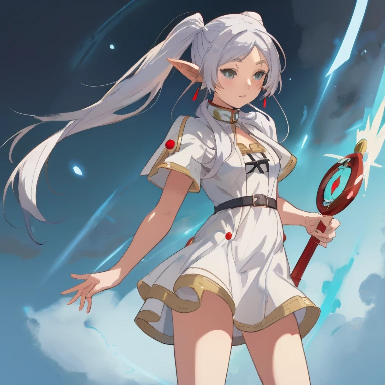 Frieren, twintails, earrings, thighs, small tits, mage dress, white mage dress, mage pose