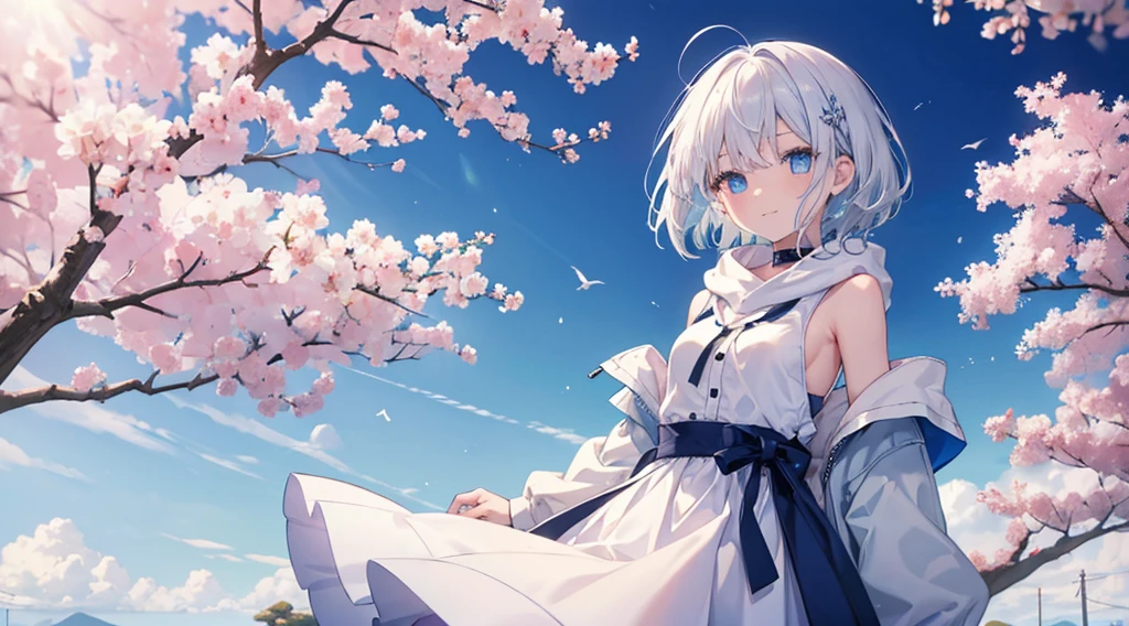 mid-shot, Look at viewers, hands behind back, girl with, 20 years old, Very short hair, long bangs between eyes, hair over shoulder, Grey Hair, Floating hair, ^ ^, pale blue eyes, Short dress, Hoodie, Skirt, Bare shoulder, White clothes, Blue sky, Nature, Sunlight, Extremely detailed,(masterpiece、top-quality)、独奏、1womanl、White hair、the tips of the hair are blue、Blue eyes、A smile、White skin as clear as snow、Fantastical,Small breasts, Silver hair, Blue eyes, Beautiful eyes, Girl, Ecstasy, charmed, be smitten with audience, Hoodie, Hoodie with open front, fantastic landscape, Shoulder out,White muffler,Cherry blossom background