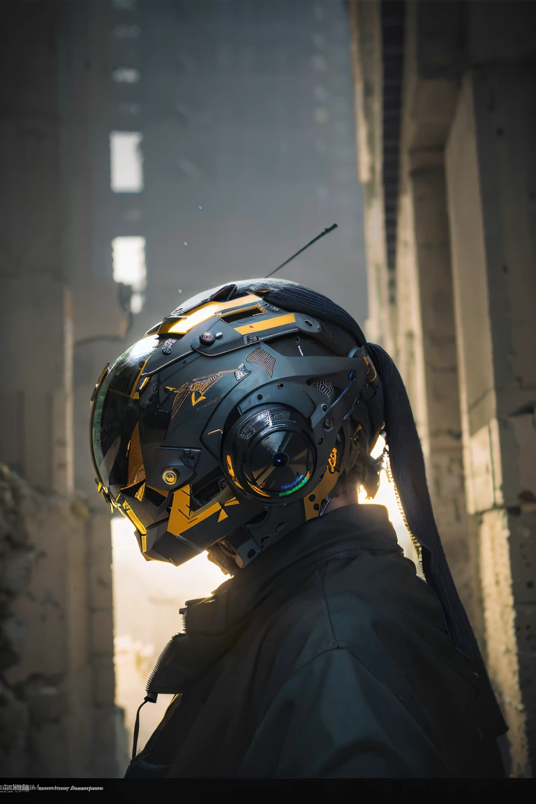 (rainy days:1.3), Dark theme, dark cloude, raiden, realisticlying, complex 3d render ultra detailed of a, best qualtiy, tmasterpiece, 超高分辨率, cowboy lens, (realisticlying:1.4), RAW photogr, offcial art, (closeup cleavage, sface focus:1.5), Complex background, absurderes, bblurry, atmospurate, From the side Side, dynamic angle, ((Armed with both hands)), golden glowing, Network helmets, giant mecha, droid, armure, machine arm, sci-fy,without humans,(Wearing a tattered cloak),Stand on the ruins of the old square after the Radiation War,Damaged buildings everywhere,smoke of gunpowder,karo,LED,cowboys