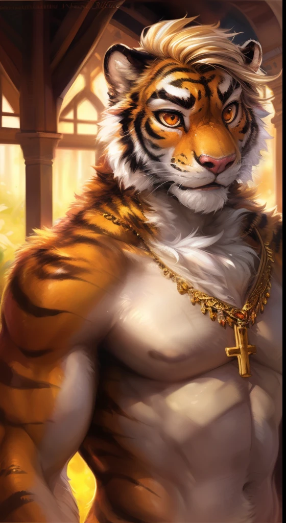 (author：Hioshiro and Kenket and Dimwitdog, Michael &amp; Inessa Garmash, ruanjia, pino daeni, Chunie), Solo, anthro, Male, (golden tiger), ((intricate detail fluffy fur texture)), white mane, brown thick eyebrows，short detailed hair，pinup, (Orange eyes) , serious expressions，White breast clusters, ((wears)), digigrade, (Tail), Handsome, Cinematic, Solo, (musculature), (shaded), (Detailed eyes):1.2, ((busts)), Sturdy，Sensual，large muscle，Shirtless，Blue Fonde，Religious motifs，Gold ornaments