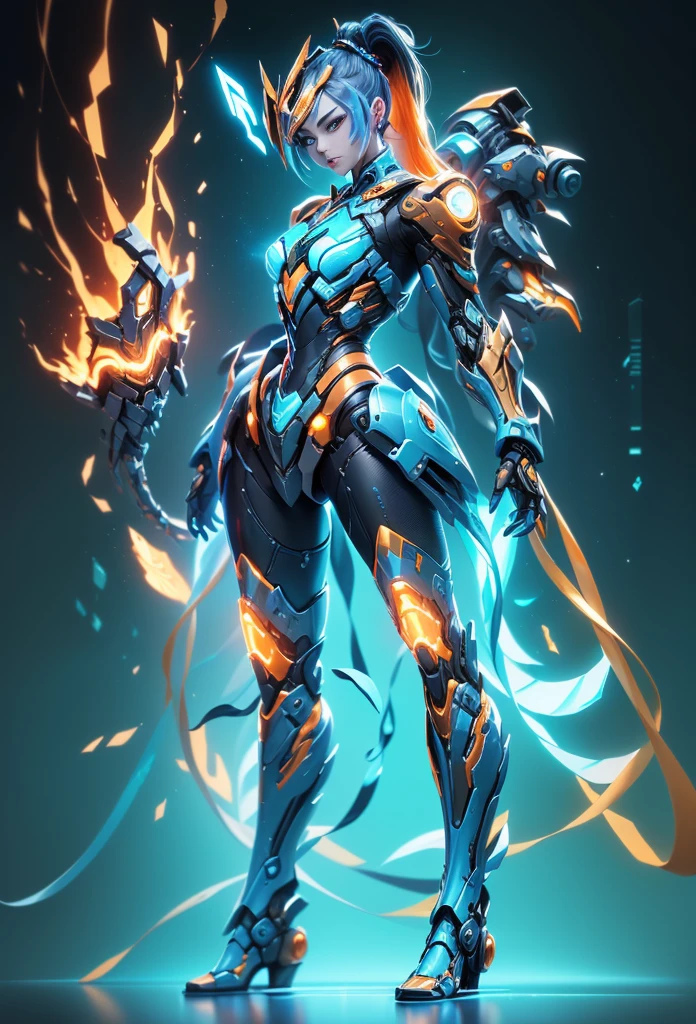 jinxlol, Game character design,3D character rendering,(((pixar-style))),League of Legends Jinx,((1girl,(Blue double ponytail: 1.5),Very long blue braids,Red eyes,big laughter,future warrior,Mechanical Warframe,Decorated with luminous lines and rivets,With streamer effect or LED light embellishment,Laser cannon、Ion cannon or pulse cannon)),((hair design:Brilliant deep blue,Add some glowing elements,Futuristic headgear such as orange photoelectric glasses or head-mounted display)),((Expression design:Add some glowing lines or orange LED light effects to the facial decoration,Design different facial expressions,Highlight the image of future warriors)),(action design:On the move、When releasing a skill or attacking,Add some special effects and animations,Highlight the sense of future and combat),((Special effects design:Add cool orange light effects、Electromagnetic wave effect or virtual interface,Enhance the visual impact of skin)), (((standing on your feet,Metal heels: 1.8, Glowing lines or orange LED light effect))), (full body shot of: 1.5),Game character
