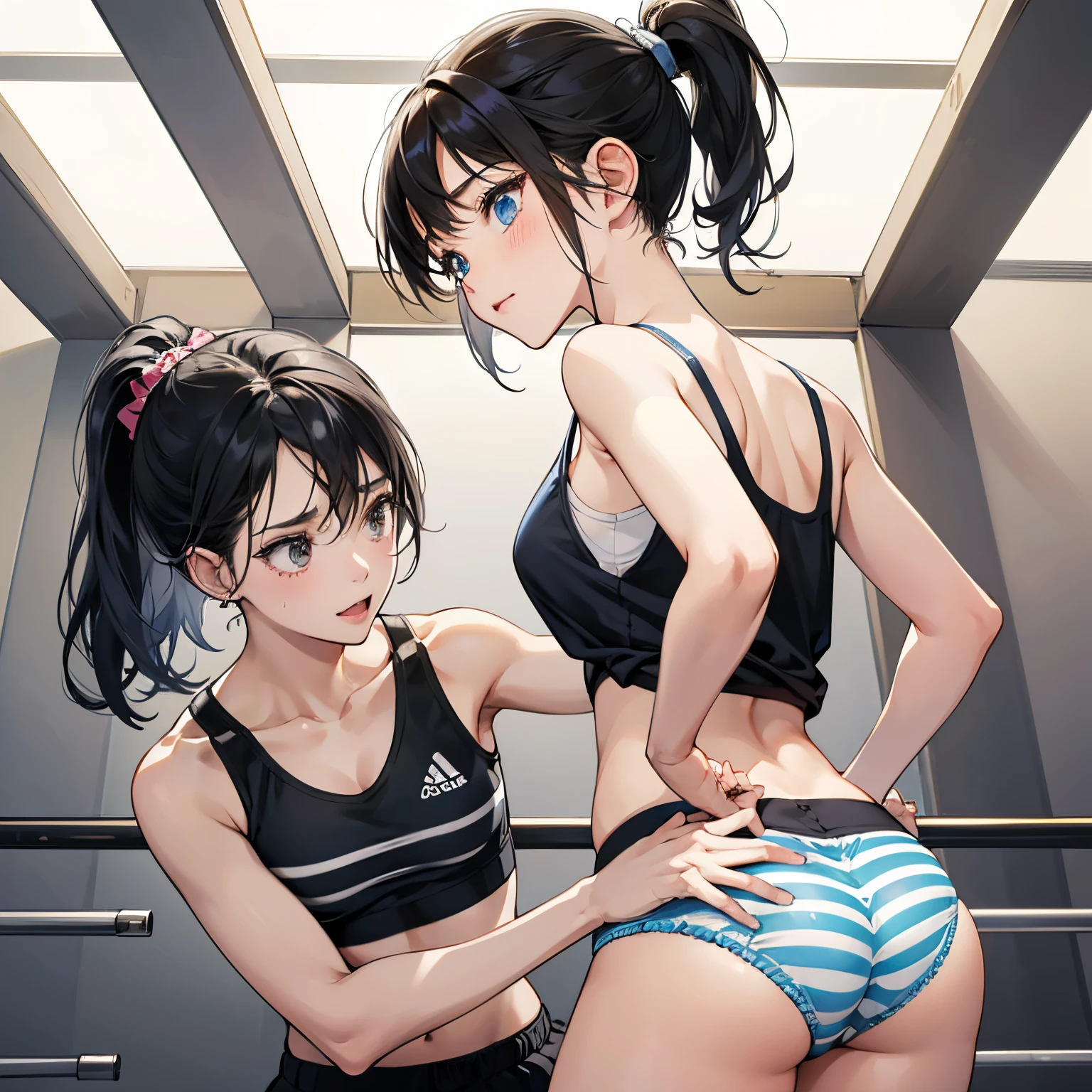 A girl with short hair tries to take off the spats of a girl with a ponytail from behind, making a mischievous expression...,A girl is trying to take off her spats and looks embarrassed..&#39;looks like me&#39;i feel like crying,They are both very cute,Accurately drawn face,smooth hair,tre anatomically correct,Precise fingers,Sportsbra,spats,Under the spats are striped cotton panties,In the gymnasium,​masterpiece,hiquality,