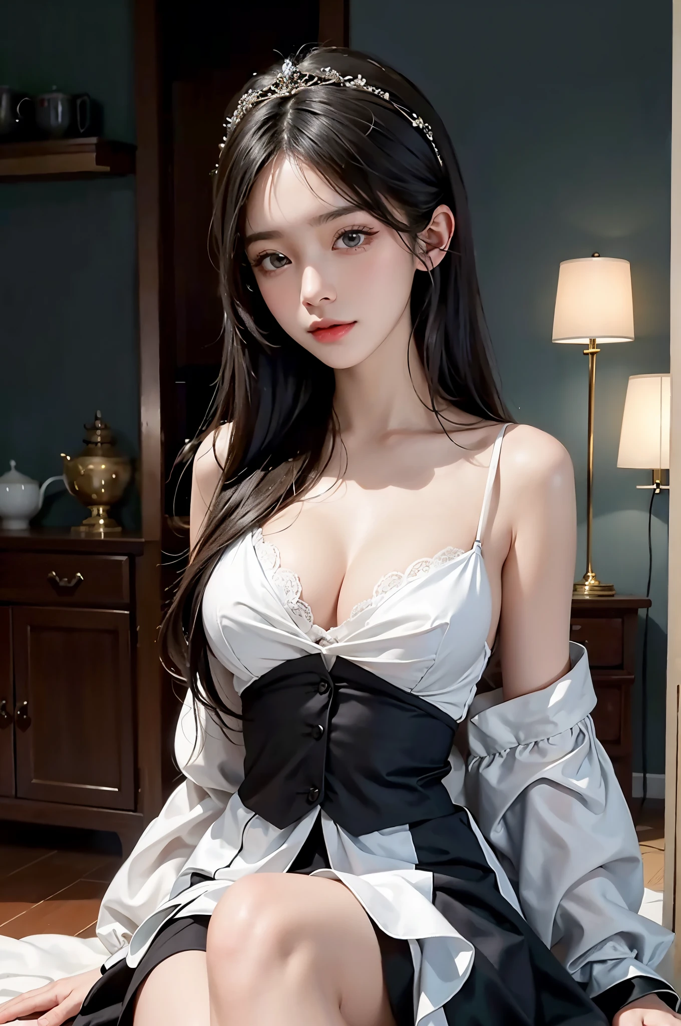 （RAW Photos：1.2），hightquality，Beautiful meticulous girl，Highly detailed eyes and face，beatiful detailed eyes，Beautiful long black hair,  hugefilesize，hight resolution，8k wallpaper，Up to detail，Highly detailed stock code uniform 8k wallpaper，电影灯光， girl，sexy  pose，large boob,（photorealisim：1.4），super detailing，