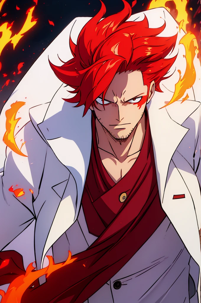 A man, Wearing a white coat, He has long red hair, fire aura