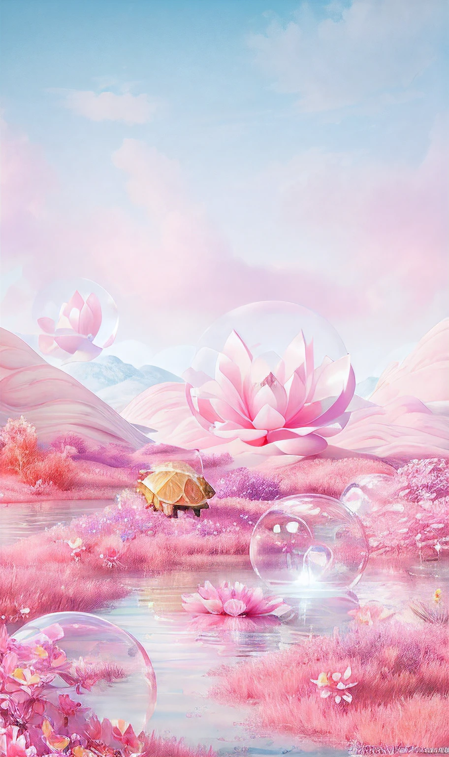 (best quality,4k,8k,highres,masterpiece:1.2),ultra-detailed,(realistic,photorealistic,photo-realistic:1.37),pink landscape,pond,turtles,floating in a dreamy fairytale landscape,surreal dreamy landscape, in a surreal dreamy landscape,pink scenery,surreal dreamy scenery,epic dreamy fantasy landscape,dreamy digital painting,foamy scenery,a beautiful art illustration,beautiful digital artwork,glossy digital painting,mysterious fantasy landscape,fairytale style background, landscape with glossy pond and cute turtles, vibrant pink hues, magical lighting effect, dream-like atmosphere,sparkling water surface,soft clouds,whimsical flowers,peaceful ambiance,picturesque view,serene and ethereal