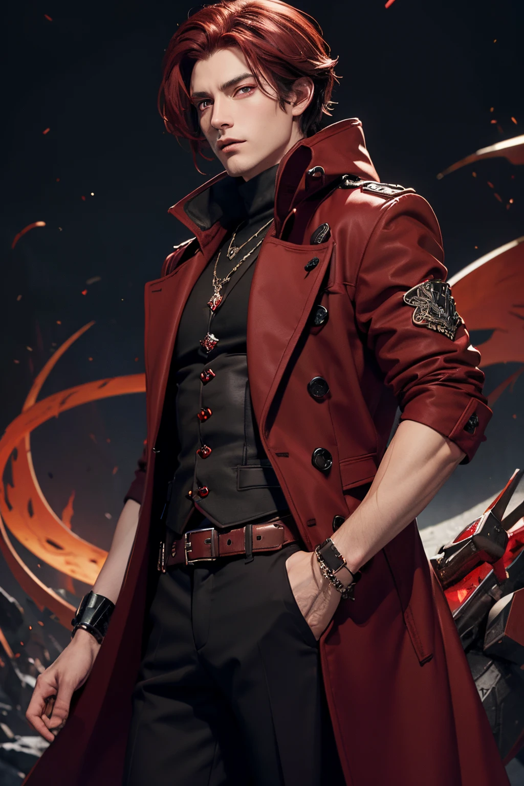 Male wizard,dark red hair,short hair,dark red eye,dark red and black overcoat,red diamond bracelet,black trousers,red diamond ring,background fantasy