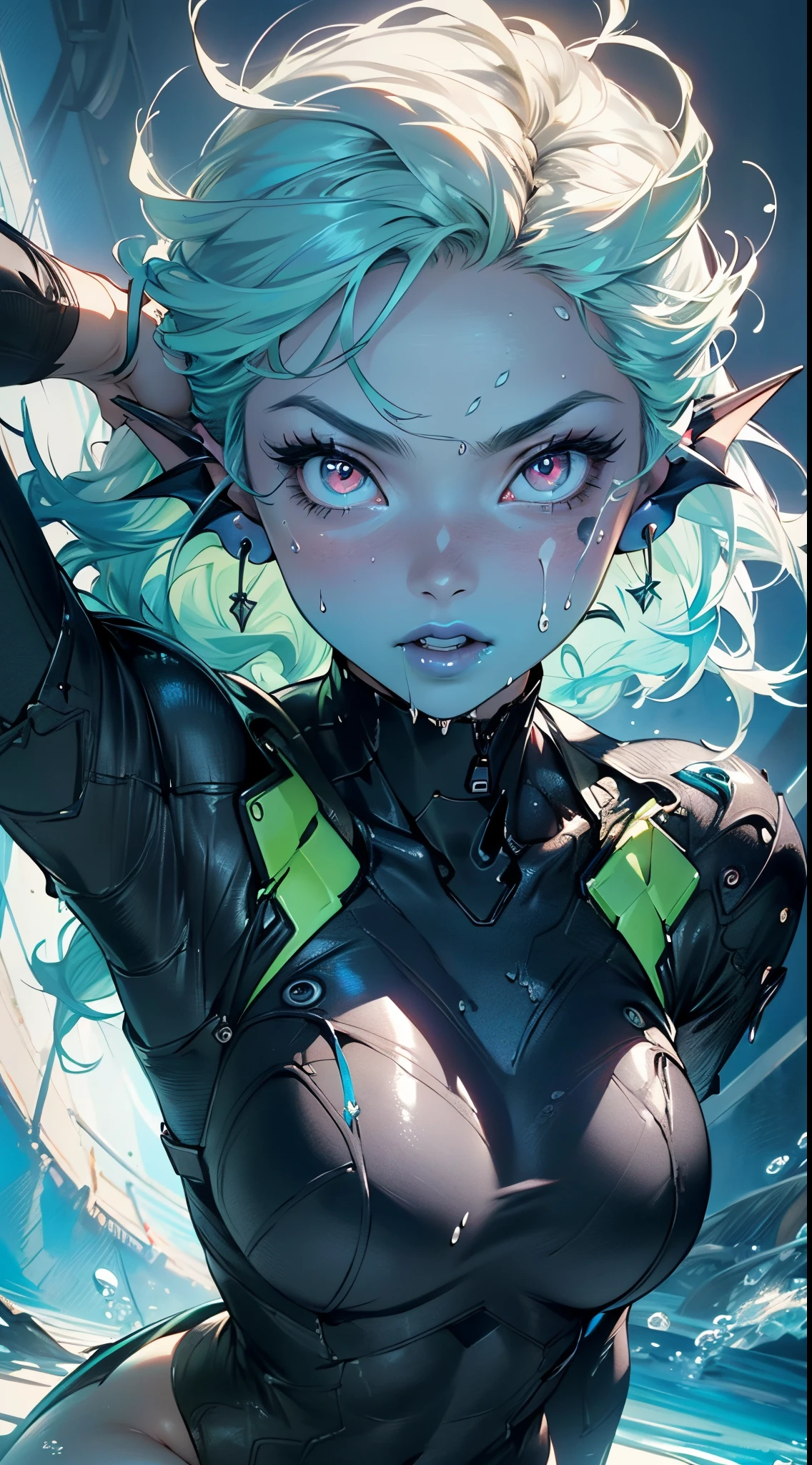 girl alien,(((1girl))),((beautiful girl alien)),
Alien Fish girl, ((blue skin:1.5)), (huge eyes:1.5), (((ear fins:1.5))), (((scaly skin:1.5))),((monster_girl)),(deep blue skin:1.5),
(green hair:1.5), long hair, wavy hair, hair covered one eye,
(glowing eyes, blue_eyes:1.0), (((black sclera:1.5))),symmetrical eyes,
(large breasts:1.4),saggy breasts,((colored inner hair)),((fat)),(((shiny body,plastic glitter skin,exaggerated shiny skin,illuminated skin,wet legs))),(spider lower abdomen,narrow waist,wide hip,athletic body,inflated legs,detailed body,(detailed face)),
cute,slutty,seductive,erotic,((nsfw)),
zettai ryouiki,revealing clothing,show skin,(wearing underwater armor:1.3),with micro clothes,almost totally naked,with little clothing,tiny thong,generous neckline,(((wet clothes,intricate outfit,intricate clothes))),
(dynamic pose:1.0),solo focus,embarrassed,(centered,scale to fit dimensions,Rule of thirds),
cyberpunk city by the ocean at night, with bright neon signs and dark stormy clouds and puddles, scenery:1.25,nighttime, starry night, cosmos,Very dark night that makes the neon lights stand out, very bright neon lights,nighttime, starry night, cosmos,
artistic photography,(photography taken by sldr),highres, sharp focus,(ultra detailed, extremely detailed), (photorealistic artwork:1.37),(extremely detailed CG unity 8k wallpaper),((synthwave background theme)),(((vibrant colors))),intricate,(intricate background),(masterpiece),(best quality),perfect rendered face,perfect face details,realistic face,photo realistic,analog style,((intricate detail)),(((realism))),