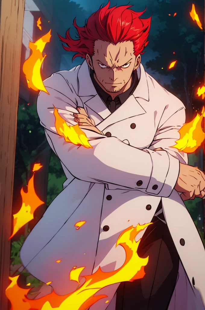 of a guy,Mature uncle, Wearing a white coat, He has long red hair, fire aura
