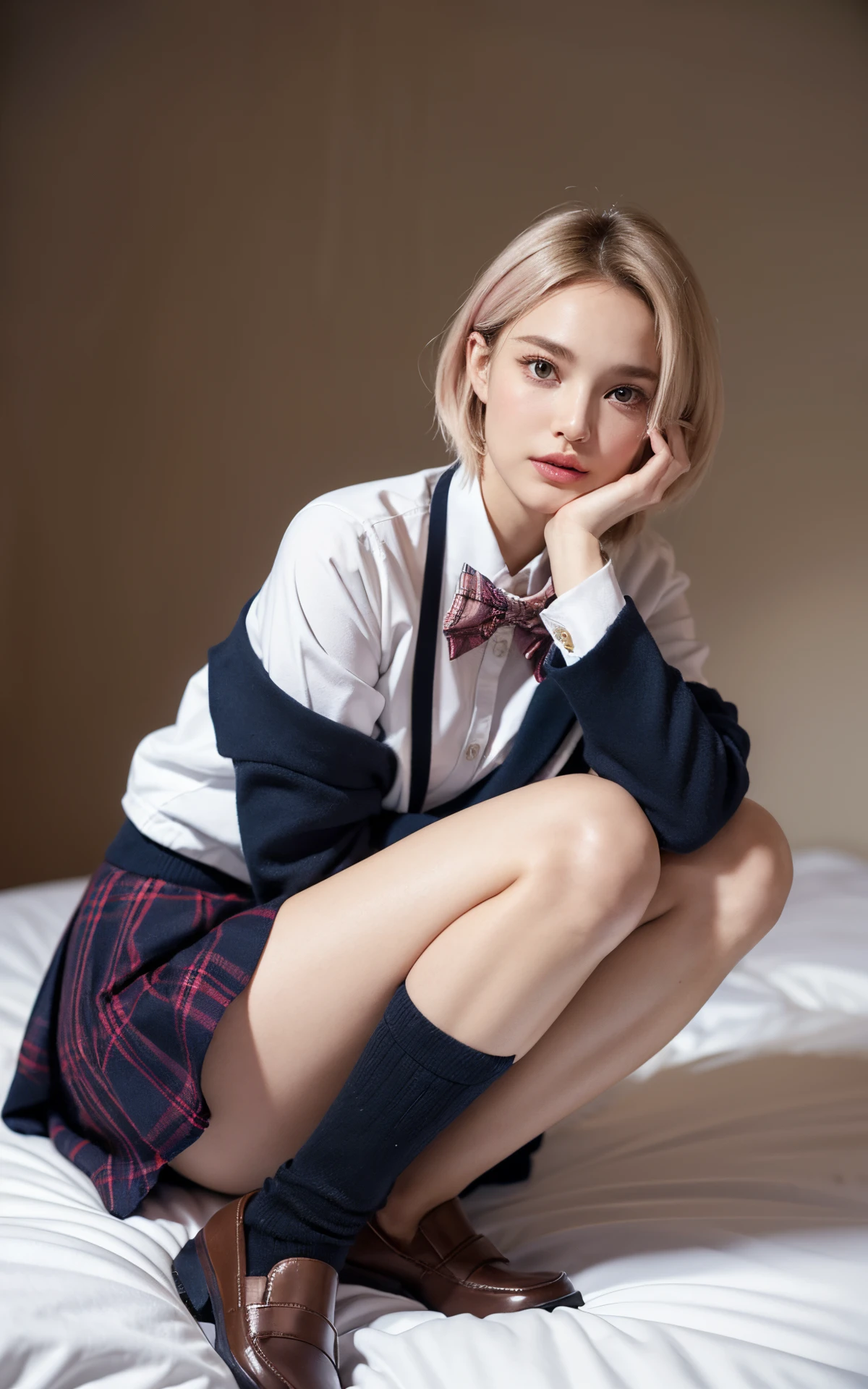 (超A high resolution, Best Quality, masutepiece:1.2),(Realistic, Photorealsitic:1.35),Ultra-detailed,BREAK,1girl in,(Pixie Hair:1.1),Black eyes, (blondehair:1.2),(pink streaked hair:1.1),(Colossal tits:1.3),hyperdetailed face、Detailed lips、A detailed eye、Double eyelids、Dark eyeliner、Iris heterochromatic eyes, thick eyebrow、detailed facial expression,(hposing Gravure Idol),(full body Esbian),(wetted skin:1.2),Natalie portman、,(School uniform,Navy jacket,long sleeved shirt,school shoe,lowfers,a bow tie,plaid skirts), BREAK (perfect anatomia),(Detailed white panties:1.5) ,(sitting with knees arised:1.5,knees up:1.5,knees to chest:2,Put your hands on your thighs:2,Place your hands on your thighs:2),(Inner thigh,inner toe):1.3,(Head_tilt),(From below:2,On the front,under position shot),(Full body:1.5),on the beds,in front,Bedrooms