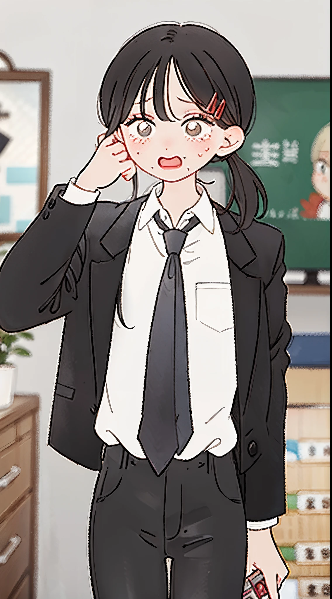 (masterpiece, best quality:1.2), cowboy shot, solo, looking at viewers, 1girl, kobeni \(chainsaw man\), black hair, short ponytail, hairpins, eye_focus, (low ponytail), default_cloth, black jacket, close the jacket, collared shirt, black necktie, black pants, teary-eyed, nervous, troubled eyebrows, mouth is slightly open