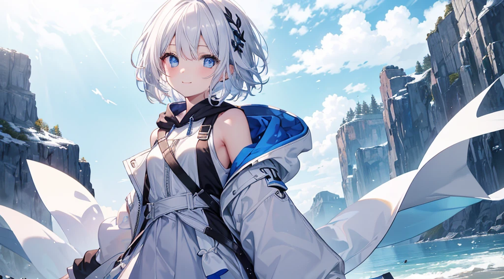 mid-shot, Look at viewers, hands behind back, girl with, 20 years old, Very short hair, long bangs between eyes, hair over shoulder, Grey Hair, Floating hair, ^ ^, pale blue eyes, Short dress, Hoodie, Skirt, Bare shoulder, White clothes, Blue sky, Nature, Sunlight, Extremely detailed,(masterpiece、top-quality)、独奏、1womanl、White hair、the tips of the hair are blue、Blue eyes、A smile、White skin as clear as snow、Fantastical,Small breasts, Silver hair, Blue eyes, Beautiful eyes, Girl, Ecstasy, charmed, be smitten with audience, Hoodie, Hoodie with open front, fantastic landscape, Shoulder out,Open your mouth,mouth is open