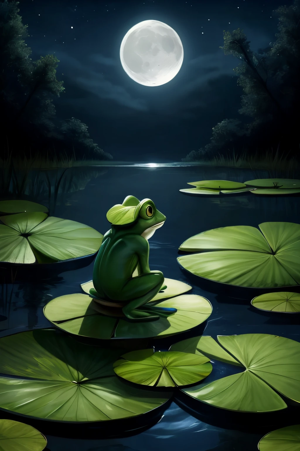 A swamp at night, with the moon shining in the sky. Little frog is sitting on a water lily leaf, looking at the moon with a thoughtful expression.
