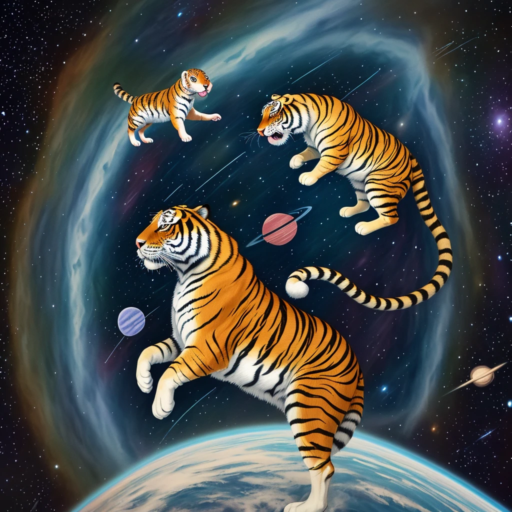 Mural of weasel riding tiger in outer space with cute animals floating around