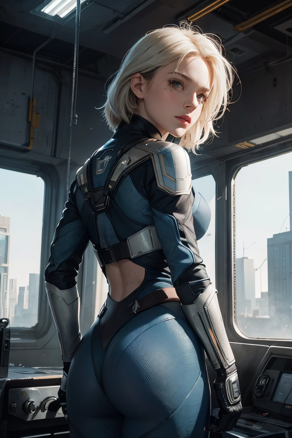 Masterpiece, Best quality, offcial art, Extremely detailed CG unified 8K wallpaper, (hdr:1.4), (Cinematic), (pastel colour, dim colors, soothing tones:1.3), Wide angle view of a spaceship bridge, cockpit, screens, monitors and big window, Spaceship. (Natural skin texture, hyper photorealism, Soft light, Sharp), (Extremely detailed), Professional lighting, Radio City,((1girll，20yr old)), In space, Spacecraft, perfect legs, blonde, suns rays, (wires and cables:1.1), (Science fiction:1.2), porthole, Illuminator, stars, fantasy, Best quality, Lots of details, Masterpiece, Ultra-detailed, illustration, Realistic, An extremely delicate and beautiful girl, Beautiful detailed eyes, 8K_the wallpaper, Beautiful detailed girl, sitting very relaxed, looking at viewert, Messy hair, medium breasts, side , ((Focus on the base of the thigh)), (Heavy spacesuit，High-rise lightweight miniskirt and stockings, The areola is faintly visible), Unbuttoned, full bodyesbian, Seductive smile，((From the front))