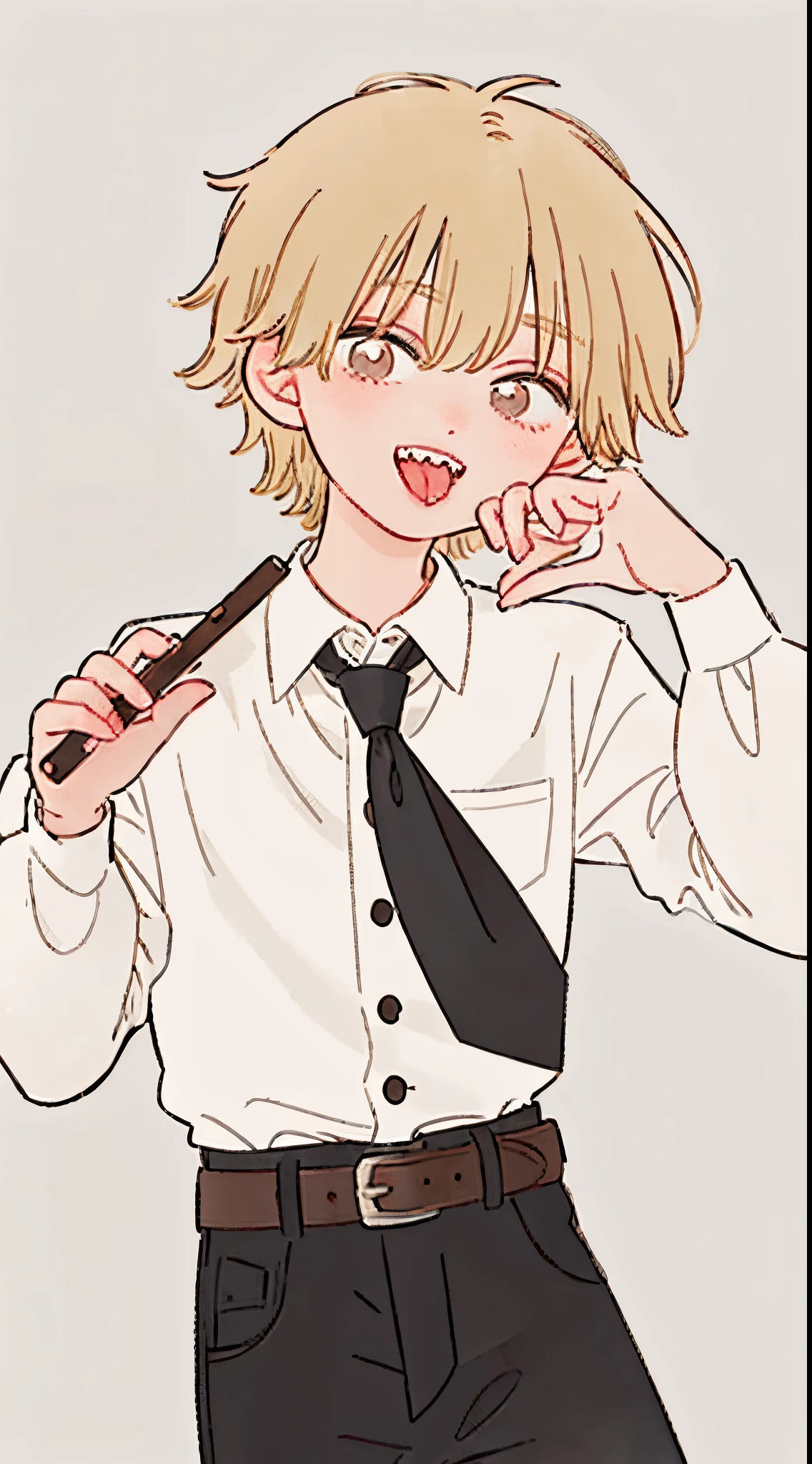 (masterpiece, best quality:1.2), cowboy shot, solo, male focus, looking at viewers,  1boy, denji, sharp teeth, blonde hair, evil smile, open mouth, sticking out tongue, 0pen, looking at viewer, blonde hair, brown eyes, white collared shirt, black necktie, sleeves rolled up, black pants, belt, (highest resolution, distinct_image)