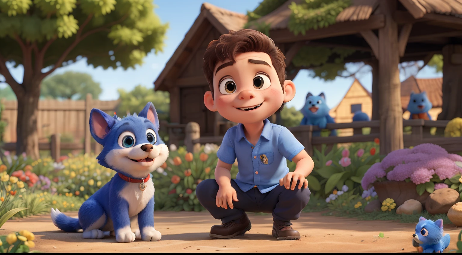 Miguel, a curious little boy of just 4 years old, playing in the Garden of Colorful Dreams with his friend Bolinha, a magical blue dog-like animal.