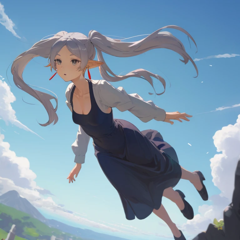 Frieren, twintails, earrings, small tits, flying, in the air, powerfull, long dress,
