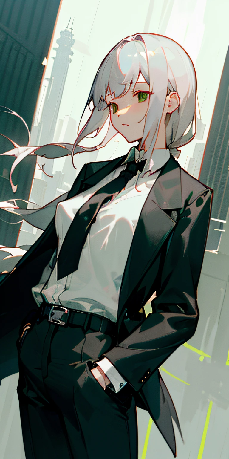 (masterpiece、top-quality)、(((frombelow、depth of fields、Dutch Angle、green lighting)))、floated hair、女の子1人、Upper body naked、nedium breasts、Nipple Exposed、独奏、Formal、hands on pockets、Suits、Black Gloves、buliding、looking at viewert、Black tie、Fingerless gloves、sity、outside of house、Black jacket、a belt、Black pants、shirt with collar、Brown-eyed、is standing、long-sleeve、white hair、Cityscape、Open jacket、cowboy shot、Skyscraper、Black Suit、natta、pant suit、Very long hair