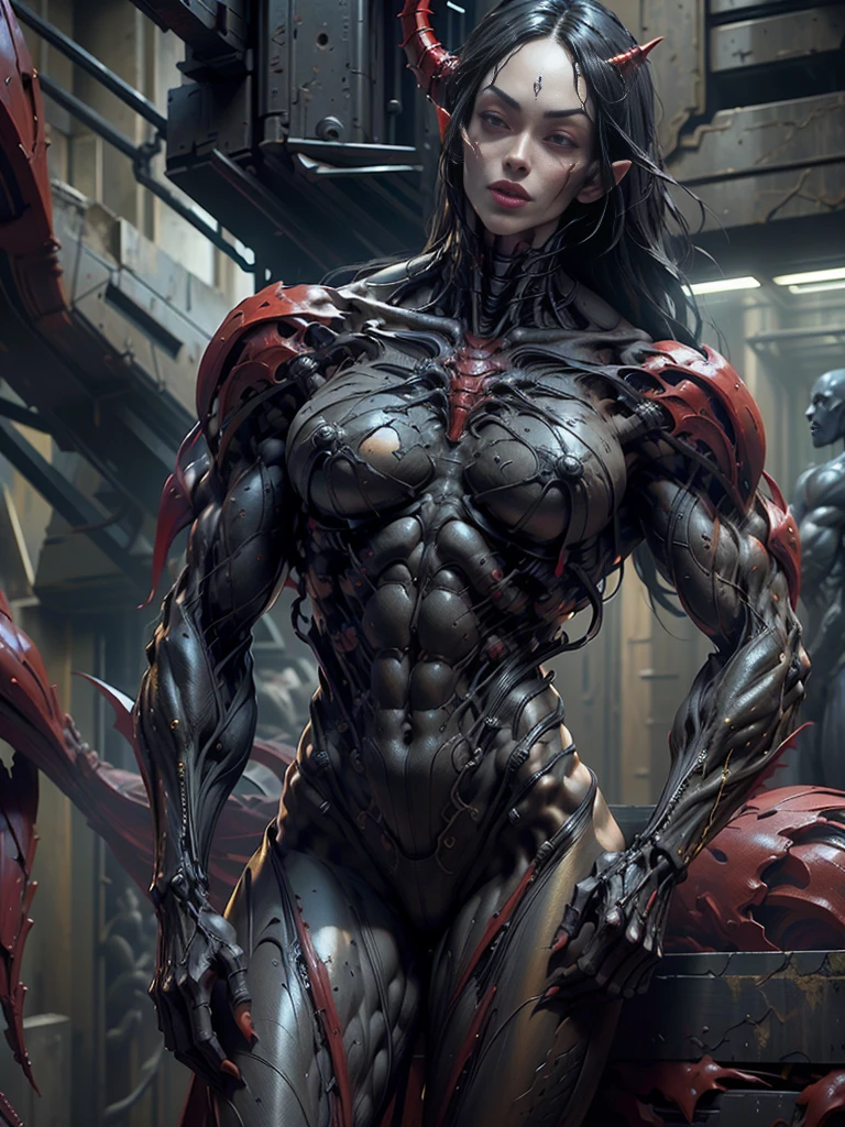 (((beautiful girl face))), (((megan fox as a beautiful vampiric girl with a muscular red carnage body))), (((red carnage anatomic muscular bio-mecha muscle suit))), (((body totally covered in muscles, veins, tendons))), (((perfect muscular anatomy))), (((wide shoulders and upper body))), (((slim waist))), (((long hair))), (((perfect hands:))),