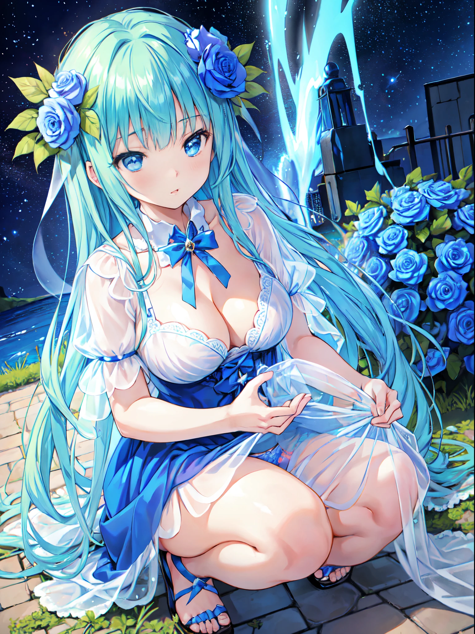 blue rose fairy kisses the flower. That fairy is smaller than a flower. Neat costumes give off a mysterious luster. flower field, Natural light,(Best Quality), (masutepiece:1.3), Ultra-detailed, Best Quality, masutepiece, (Game CG:1.4), NSFW, Detailed beautiful face and eyes,Burst breasts、Lingerie with a small area, large full breasts、 (See-through panties:1.2),、、, the anime girl is crouching, beautiful anime girl squatting, Bending over, highly detailed giantess shot, , bottom shot, turned around、