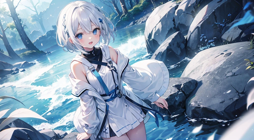 mid-shot, Look at viewers, hands behind back, girl with, 20 years old, Very short hair, long bangs between eyes, hair over shoulder, Grey Hair, Floating hair, ^ ^, pale blue eyes, Short dress, Hoodie, Skirt, Bare shoulder, White clothes, Blue sky, Nature, Sunlight, Extremely detailed,(​masterpiece、top-quality)、独奏、1womanl、White hair、the tips of the hair are blue、Blue eyes、A smile、White skin as clear as snow、Fantastical,Small breasts, Silver hair, Blue eyes, Beautiful eyes,  Girl, Ecstasy, charmed, be smitten with audience, Hoodie, Hoodie with open front, fantastic landscape, Shoulder out,White muffler,open open mouth