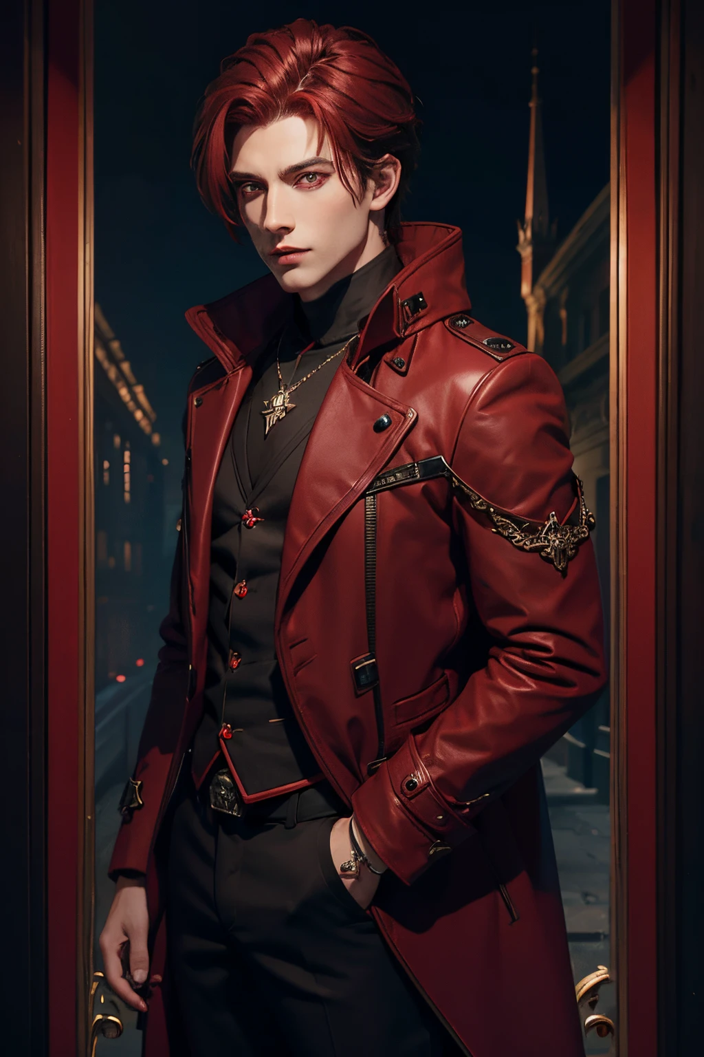 Male wizard,dark red hair,short hair,dark red eye,dark red and black overcoat,red diamond bracelet,black trousers,red diamond ring,background fantasy