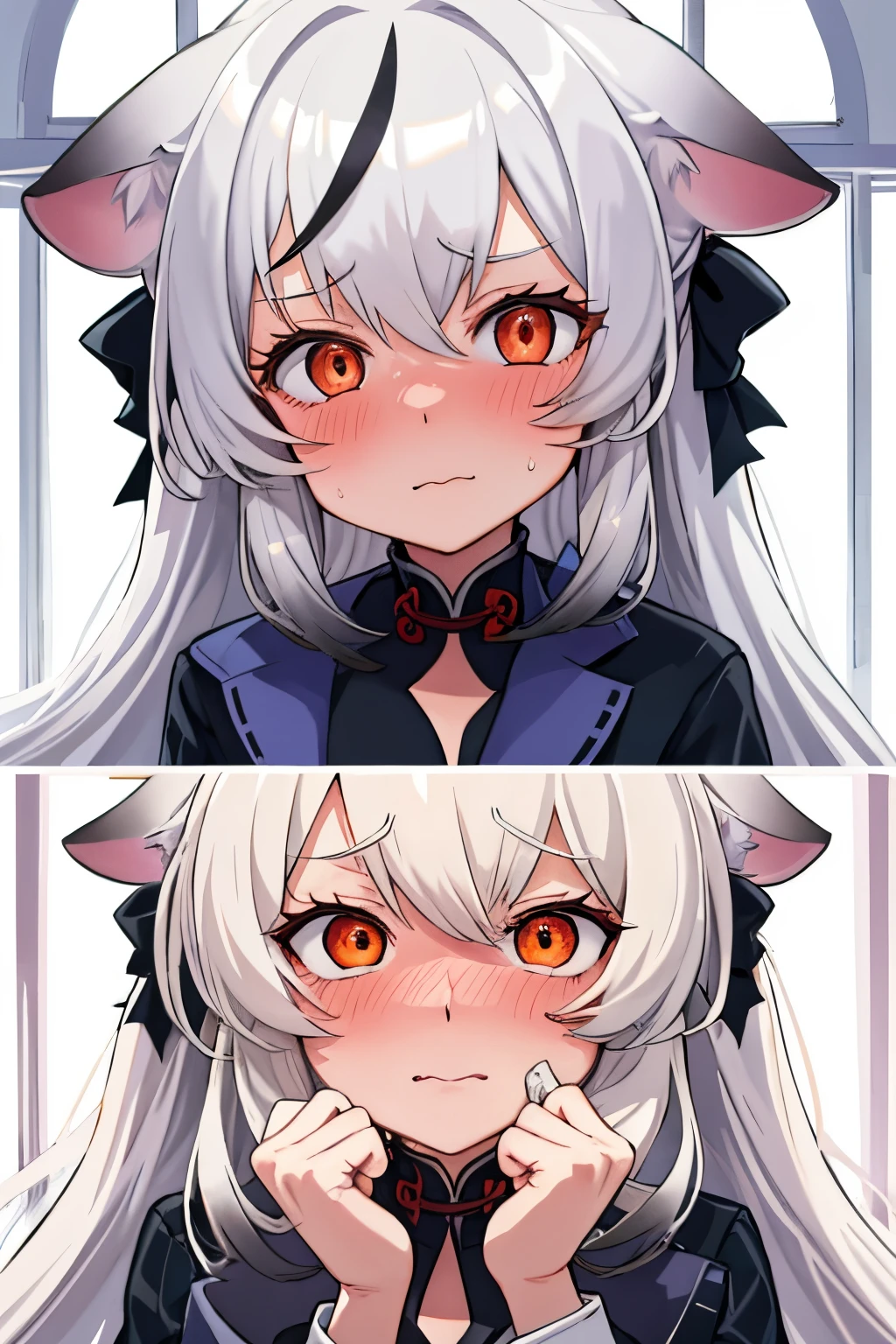1girl, kokona, indoors, orange eyes, white hair, :3 mouth, embarrassed, beautiful eyes, beautiful lips, shiny lips, extremely detailed eyes and face, long eyelashes, close-up, warm lighting, vibrant colors, looking at the viewer, embarrassed look, blush, in a snowy place, winter clothes, winter wonder